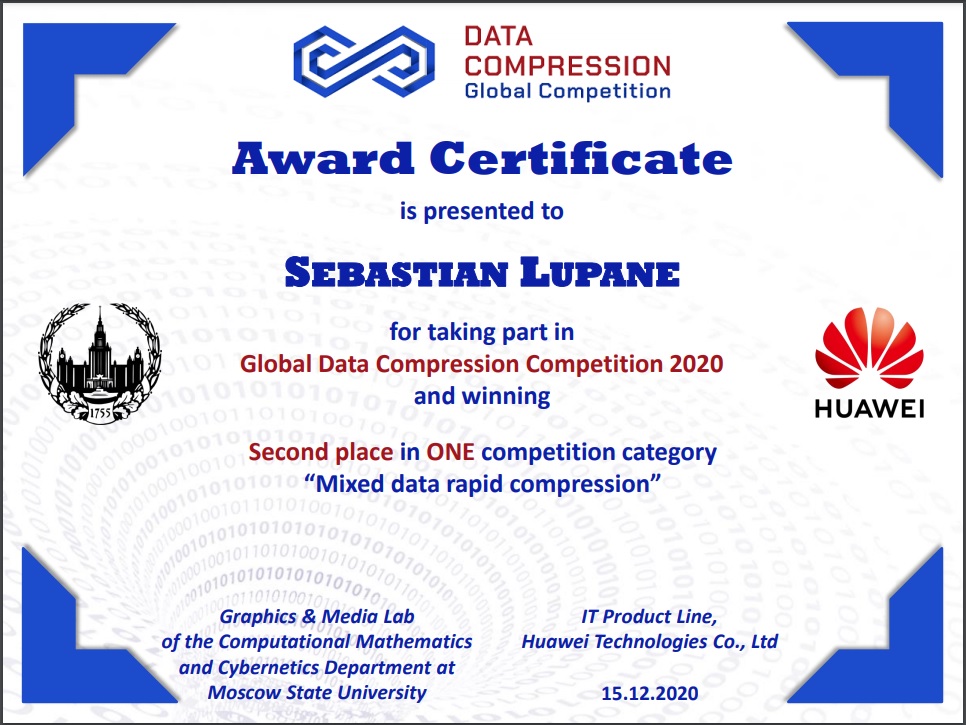 2nd Place at HUAWEI Sponsored Content for Global Data Compression 2020